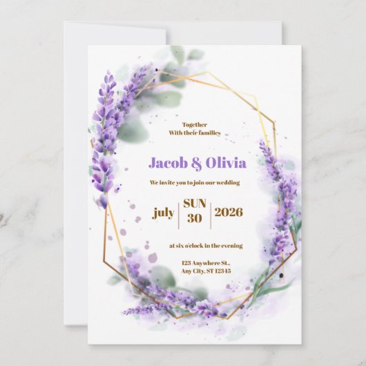 Lila und weiß mit Lavender Wreath Wedding Invi Einladung (Vorderseite)