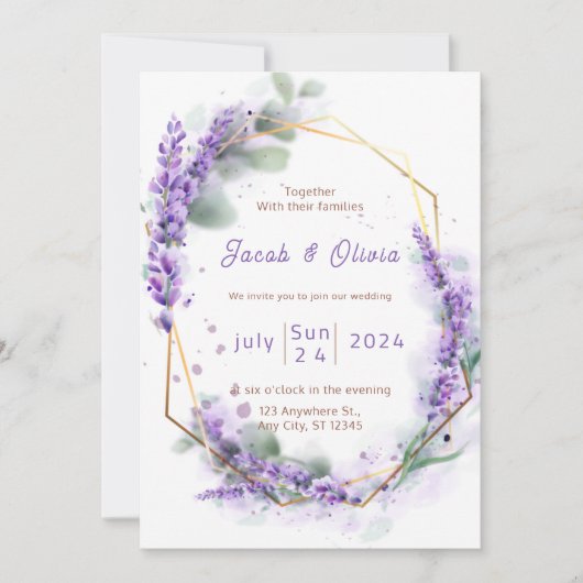 Lila und weiß mit Lavender Wreath Wedding Invi Einladung (Vorderseite)