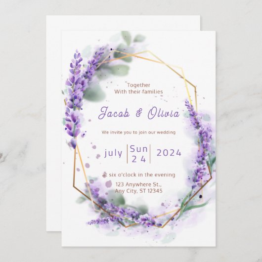 Lila und weiß mit Lavender Wreath Wedding Invi Einladung (Vorne/Hinten)