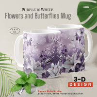 Lila und weiße 3-D-Blume und Schmetterlinge Tasse