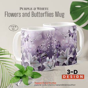 Lila und weiße 3-D-Blumen und Schmetterlinge Tasse
