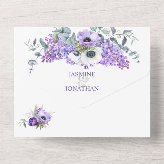 Lila und weiße Anemone, Lila Lilacs | All In One Einladung (Rückseite)