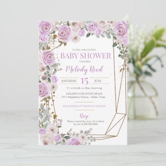 Lila und weiße Blume Girl Baby Dusche Einladung (Stehend Vorderseite)