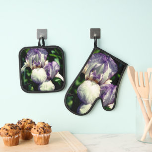 Lila und weiße Blume Iris Ofenhandschuh & Topflappen-Set