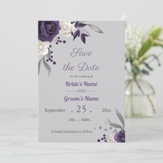lila und weiße Blume Save the Date grau Einladung (Stehend Vorderseite)