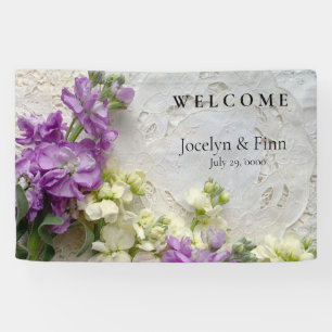 Lila und weiße Blumen auf alten Spitzen Banner