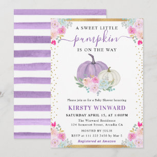 Lila und weiße Blumen-Kürbisse Herbst-Baby-Party Einladung