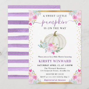 Lila und weiße Blumen-Kürbisse Herbst-Baby-Party Einladung