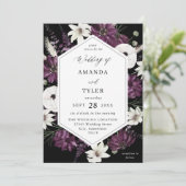 Lila und weiße Blumenhochzeit - Schwarz Einladung (Stehend Vorderseite)