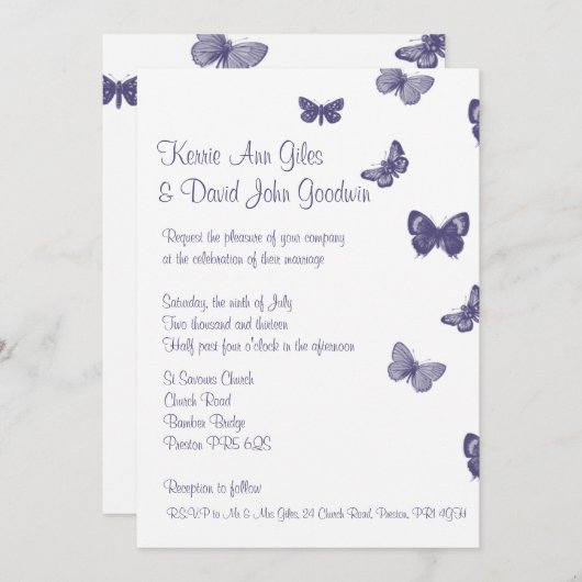Lila und weiße Butterfly-Einladung Einladung (Vorne/Hinten)
