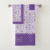Lila und weiße Damastmuster, gerollte Ränder Badhandtuch Set (Insitu)