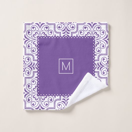Lila und weiße Damastmuster, gerollte Ränder Badhandtuch Set (Waschlappen)