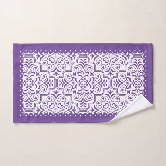 Lila und weiße Damastmuster, gerollte Ränder Badhandtuch Set (Handtuch)
