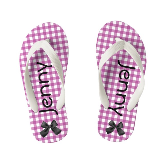 Lila und weiße Gingham Girls Flip Flops Kinderbadesandalen (Fußbett)