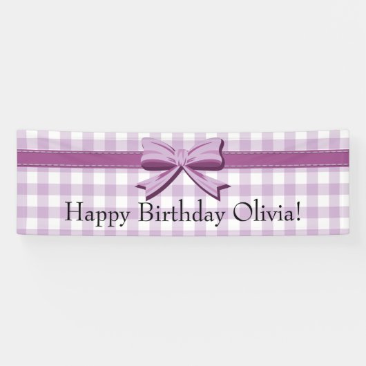 Lila und weiße Gingham mit Bow Birthday Banner (Horizontal)