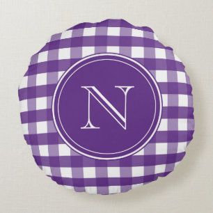 Lila und weiße Gingham Monogram Rundes Kissen
