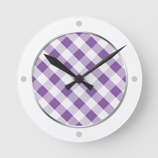 Lila und weiße Gingham-Patternuhr Runde Wanduhr (Vorderseite)