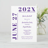 Lila und weiße Graduierungspartei Einladung (Stehend Vorderseite)