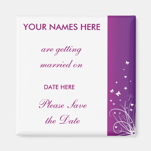 Lila und weiße Hochzeit speichern Sie das Datumsfe Magnet (Vorne)