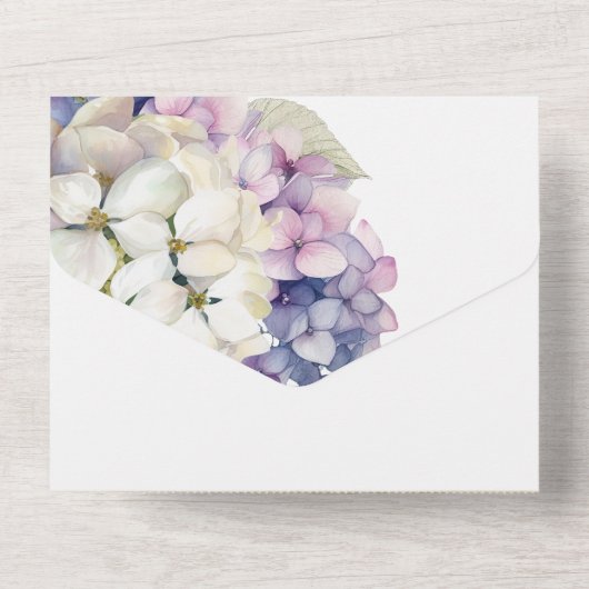 Lila und weiße Hydrangea-Blume All In One Einladung (Rückseite)