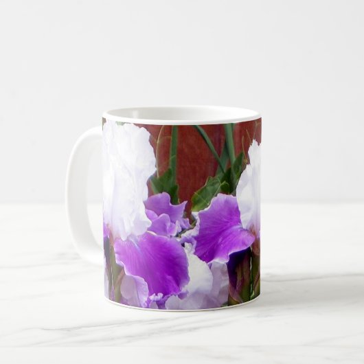 Lila und weiße Iris Kaffeetasse (Vorderseite Links)