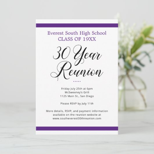 Lila und weiße Minimalistisch 30-jährige Wiederseh Einladung (Stehend Vorderseite)