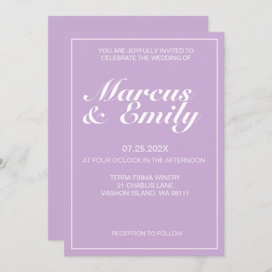 Lila und weiße Minimalistische Hochzeit Einladung (Vorne/Hinten)