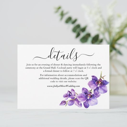Lila und weiße Orchideenhochzeit Details Begleitkarte (Stehend Vorderseite)