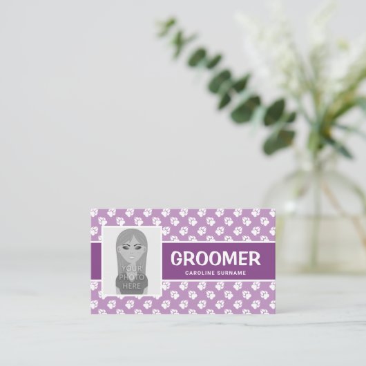 Lila und weiße Pasten mit Ihrem Foto - Dog Groomer Visitenkarte (Stehend Vorderseite)