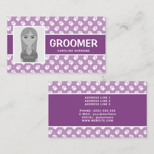 Lila und weiße Pasten mit Ihrem Foto - Dog Groomer Visitenkarte (Vorne/Hinten)