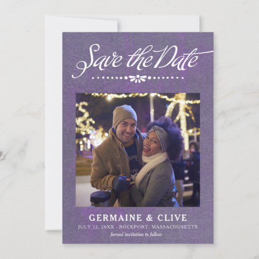 Lila und weiße Save the Date-Karte mit Foto Save The Date (Vorderseite)
