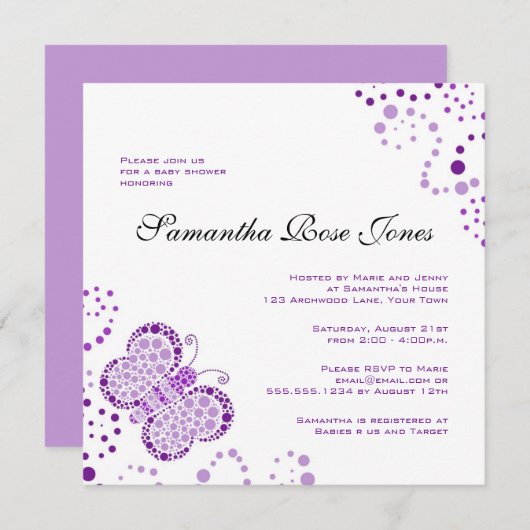 Lila und weiße Schmetterlinge Elegante Babydusche Einladung (Vorne/Hinten)