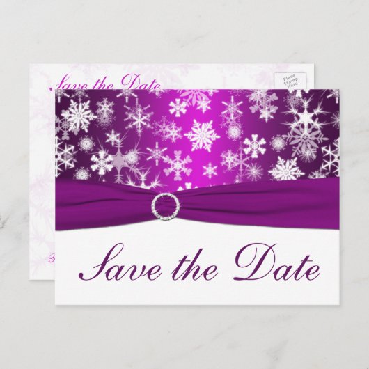Lila und weiße Schneeflocken Save the Date Postkar Ankündigungspostkarte (Vorne/Hinten)