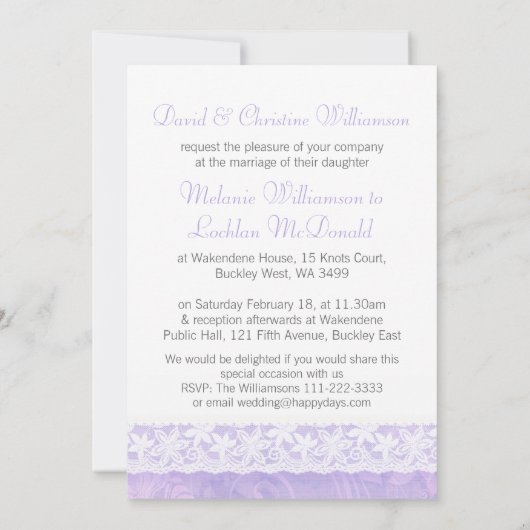 Lila und weiße Spitzen-Hochzeitsfeier Einladung (Rückseite)