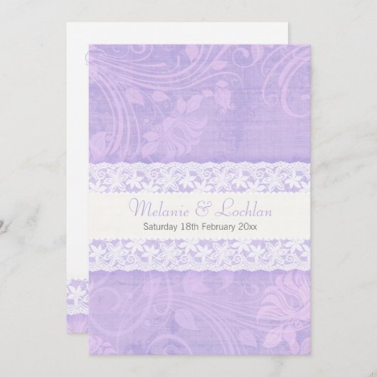 Lila und weiße Spitzen-Hochzeitsfeier Einladung (Vorne/Hinten)
