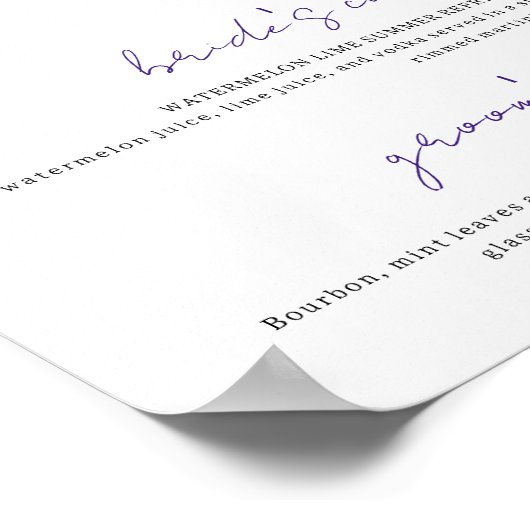 Lila und weiße Unterschrift Drinks Hochzeitsdoster Poster (Ecke)