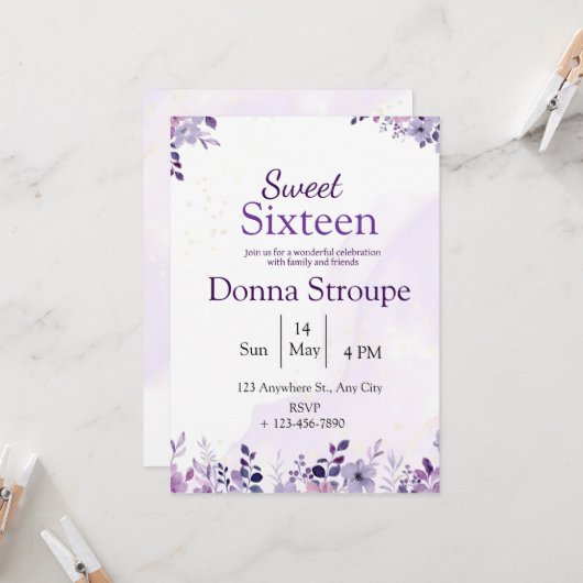 Lila und weiße Wasserfarbe Geburtstag Einladung (Vorderseite/Rückseite Beispiel)