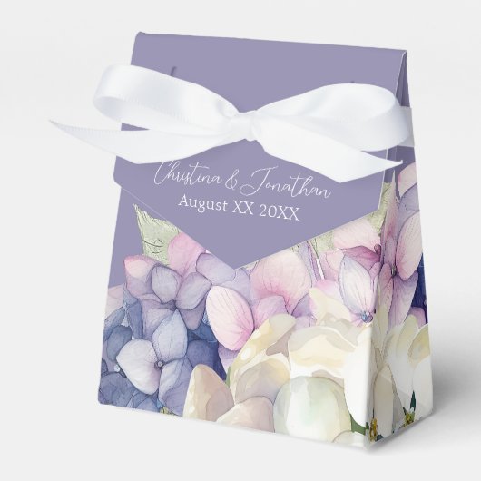 Lila und weiße Wasserfarben-Hydrangeas auf Lavende Geschenkschachtel (Vorderseite)