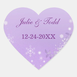 Lila und weiße Winter-Hochzeitseinladung zum Vorme Herz-Aufkleber