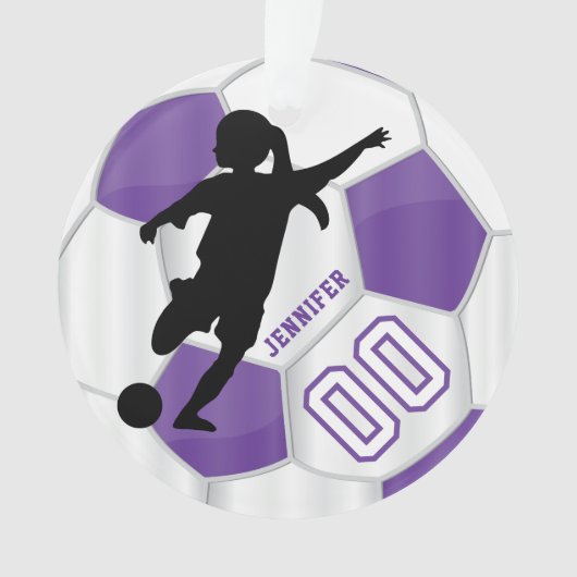 Lila und weißer Girl-Fußball-Spieler Ornament (Vorderseite)