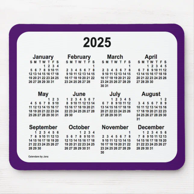 lila und weißer Kalender 2025 von Janz Two Tone Mousepad Zazzle.de