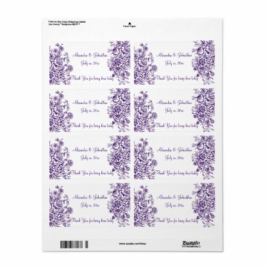 Lila und weißes elegantes Hochzeitsweinlabel (Vorne)