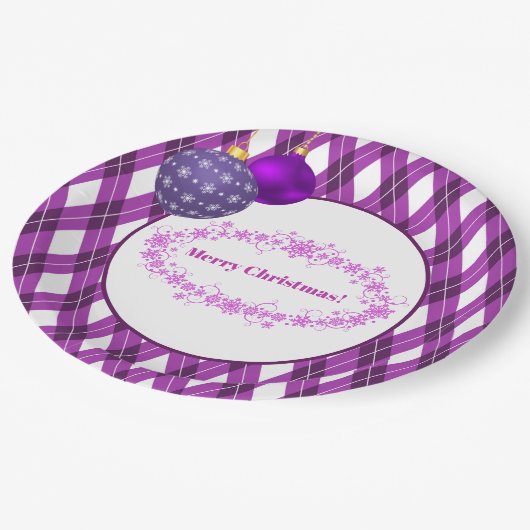 Lila und weißes Thema Frohe Weihnachten Pappteller (Schrägansicht)