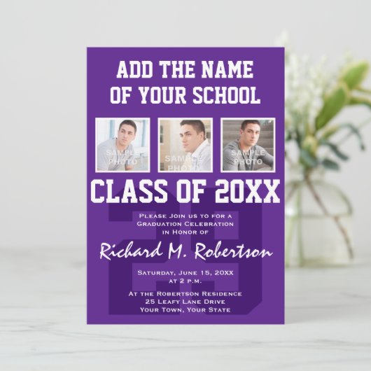 Lila und White Student Athlete Graduation Party Einladung (Stehend Vorderseite)