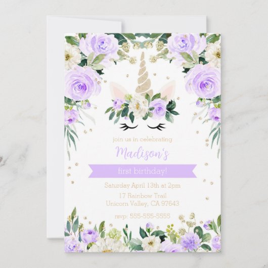 Lila Unicorn Girly Birthday Einladung (Vorderseite)