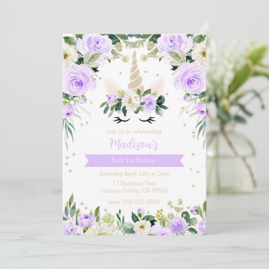 Lila Unicorn Girly Birthday Einladung (Stehend Vorderseite)