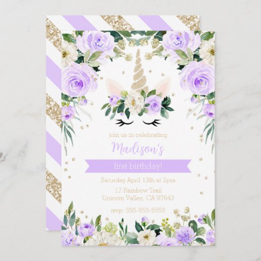 Lila Unicorn Girly Birthday Einladung (Vorne/Hinten)