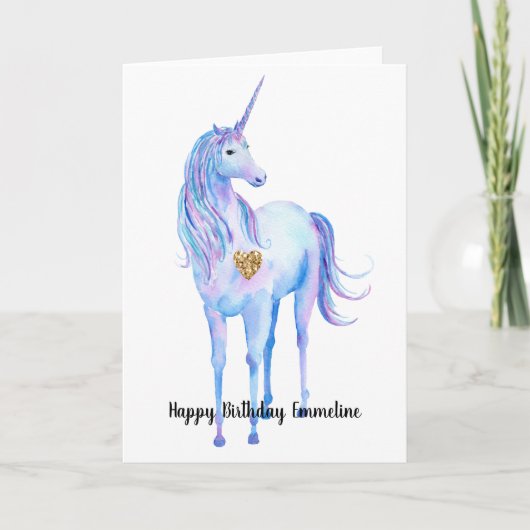 Lila Unicorn Gold Glitzer Herz personalisiert Karte (Vorderseite)