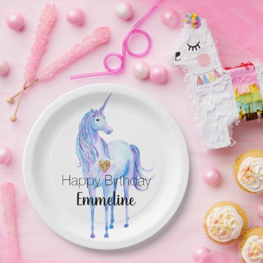 Lila Unicorn Gold Glitzer Herz personalisiert Pappteller (Party)