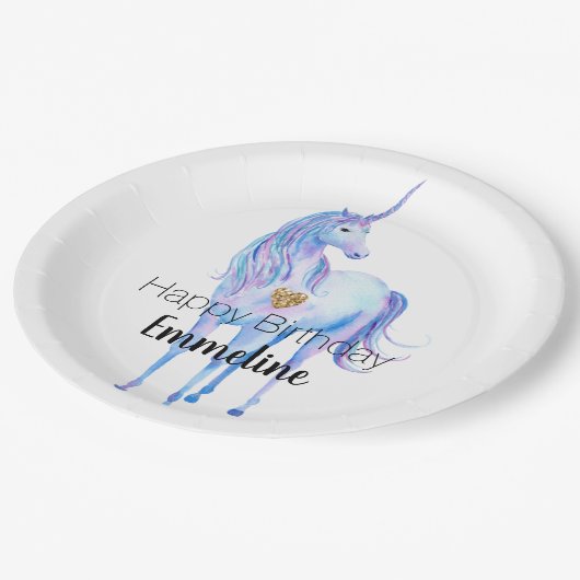 Lila Unicorn Gold Glitzer Herz personalisiert Pappteller (Schrägansicht)
